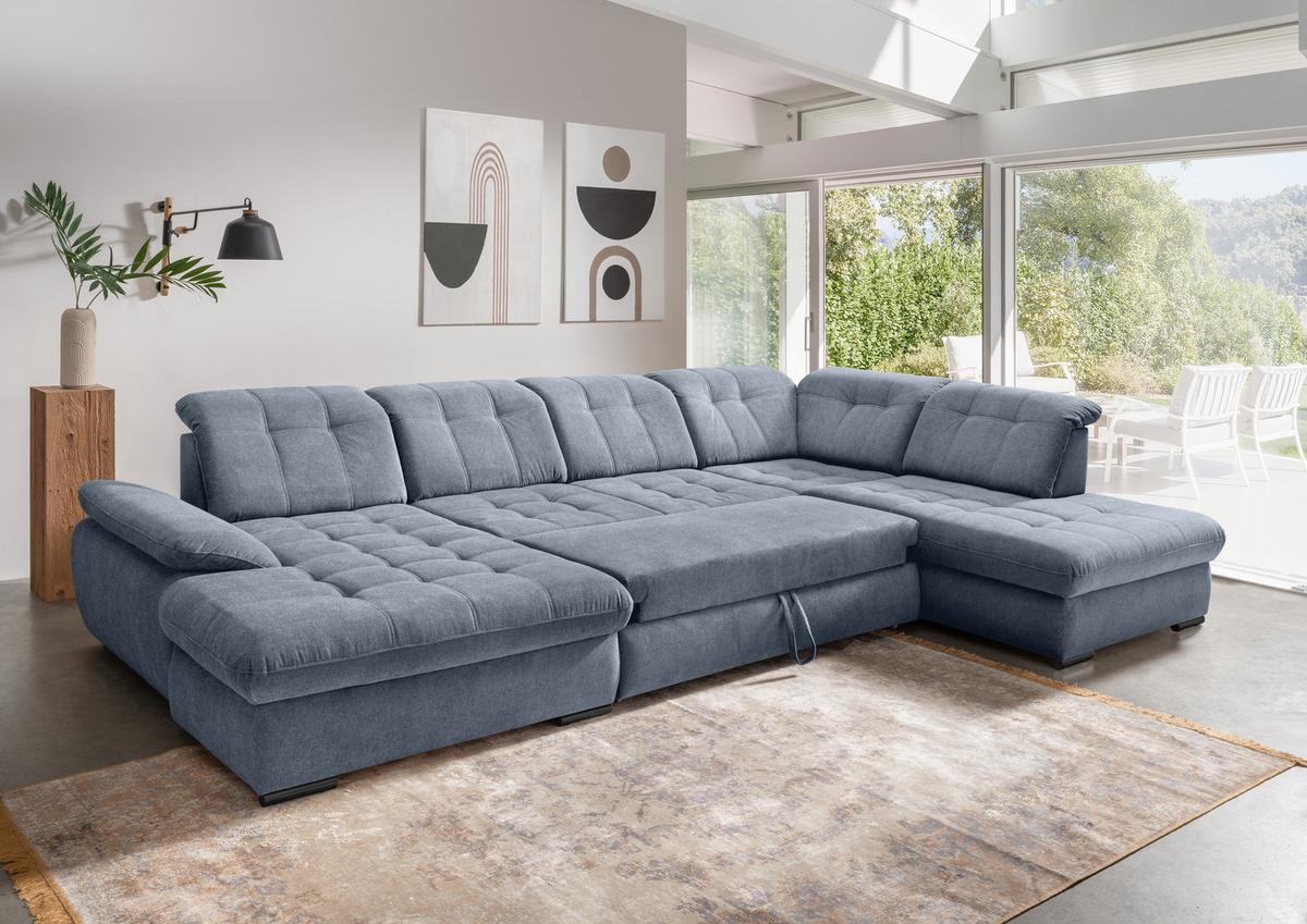 Wohnlandschaft Mit Bettkasten Rigatti Hellblau B: 387 Cm - Schwarz/Hellblau, MODERN, Textil (184/387/252cm) - Livetastic