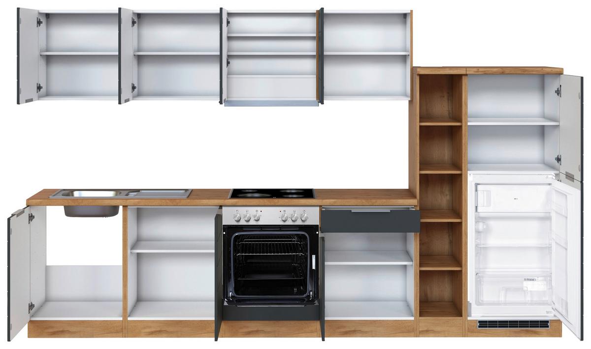 Küchenzeile Florenz mit Geräte B: 330 cm Grau/Eiche Dekor - Eiche Wotan/Grau, Design, Holzwerkstoff (330cm) - Held