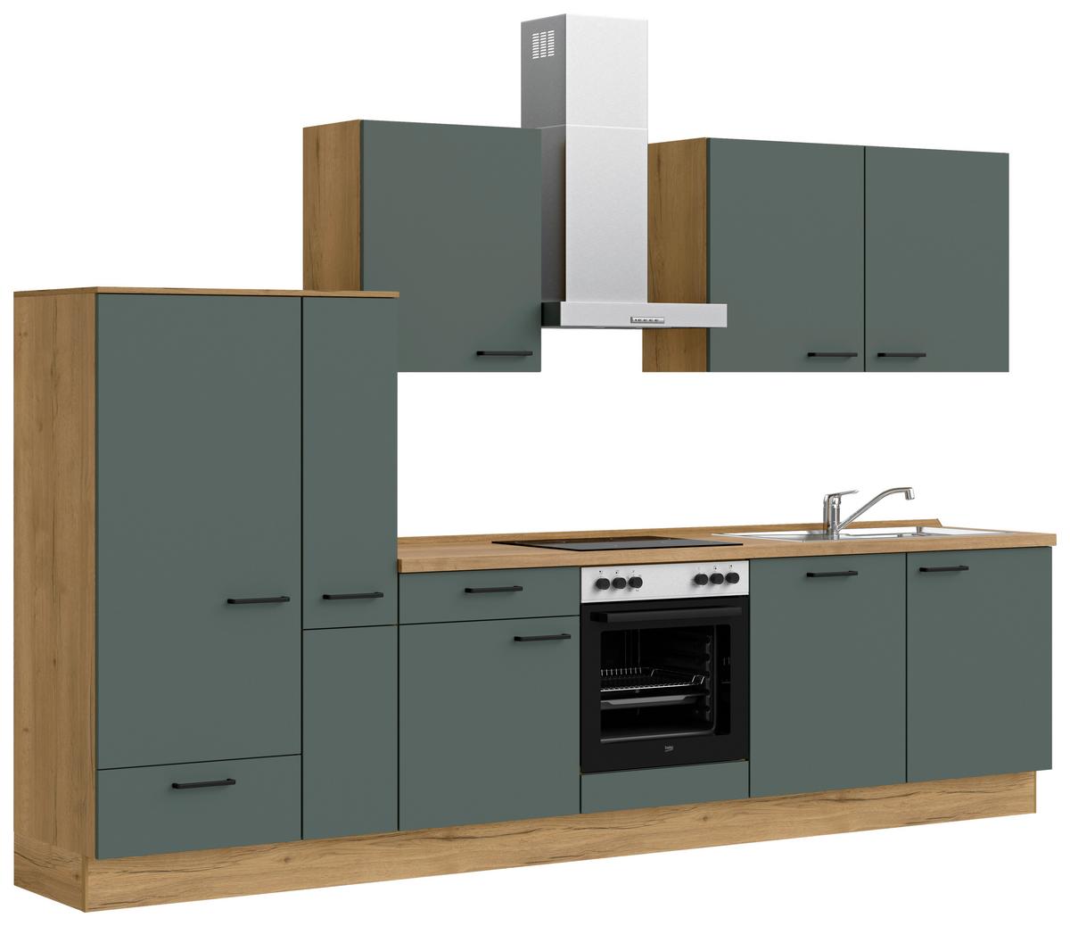 Kuchyňská linka 330 cm, minerální zelená,ultra matná - barvy dubu/černá, Moderní, kov/kompozitní dřevo (330cm) - Nobilia