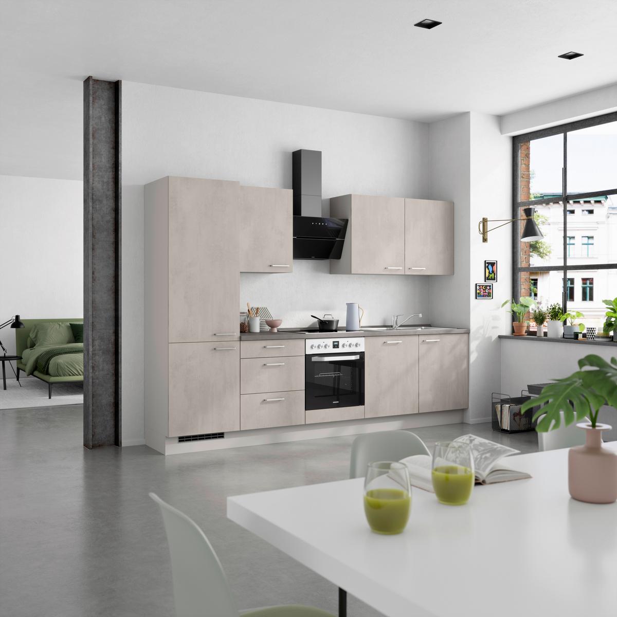 Kuchynská linka 300 cm, šedý betón/ kamenná šedá - sivá/farba ušľachtilej ocele, Modern, kov/kompozitné drevo (300cm) - Nobilia