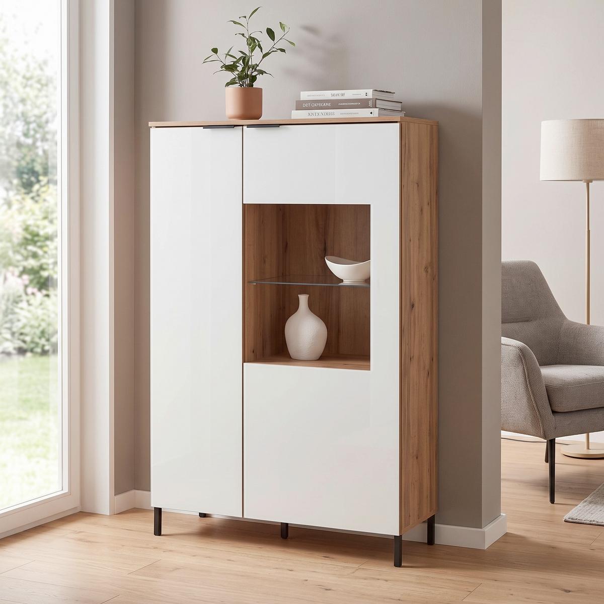 Highboard Austin 90 cm Eichefarben/Glasfront Weiß - Eichefarben/Schwarz, Trend, Glas/Holzwerkstoff (90/140/40cm)