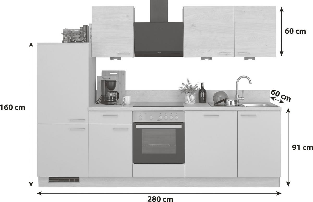 Küchenzeile Win Mit Geräten 280 Cm Hellgrau/eiche Dekor - Basics, Holzwerkstoff (280cm) - Express