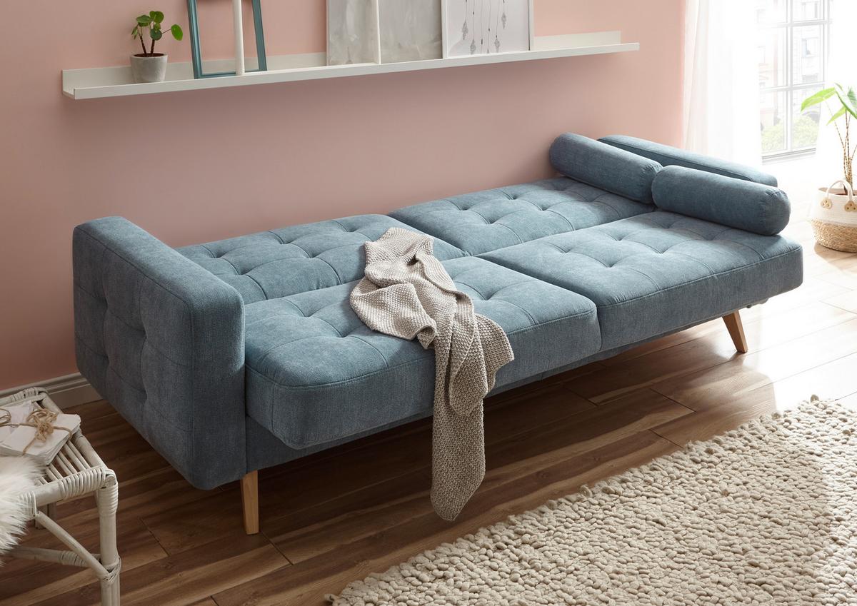 Schlafsofa Mit Bettkasten Und Kissen Fjord, Webstoff - Blau/Eichefarben, MODERN, Textil (222/86/90cm) - MID.YOU