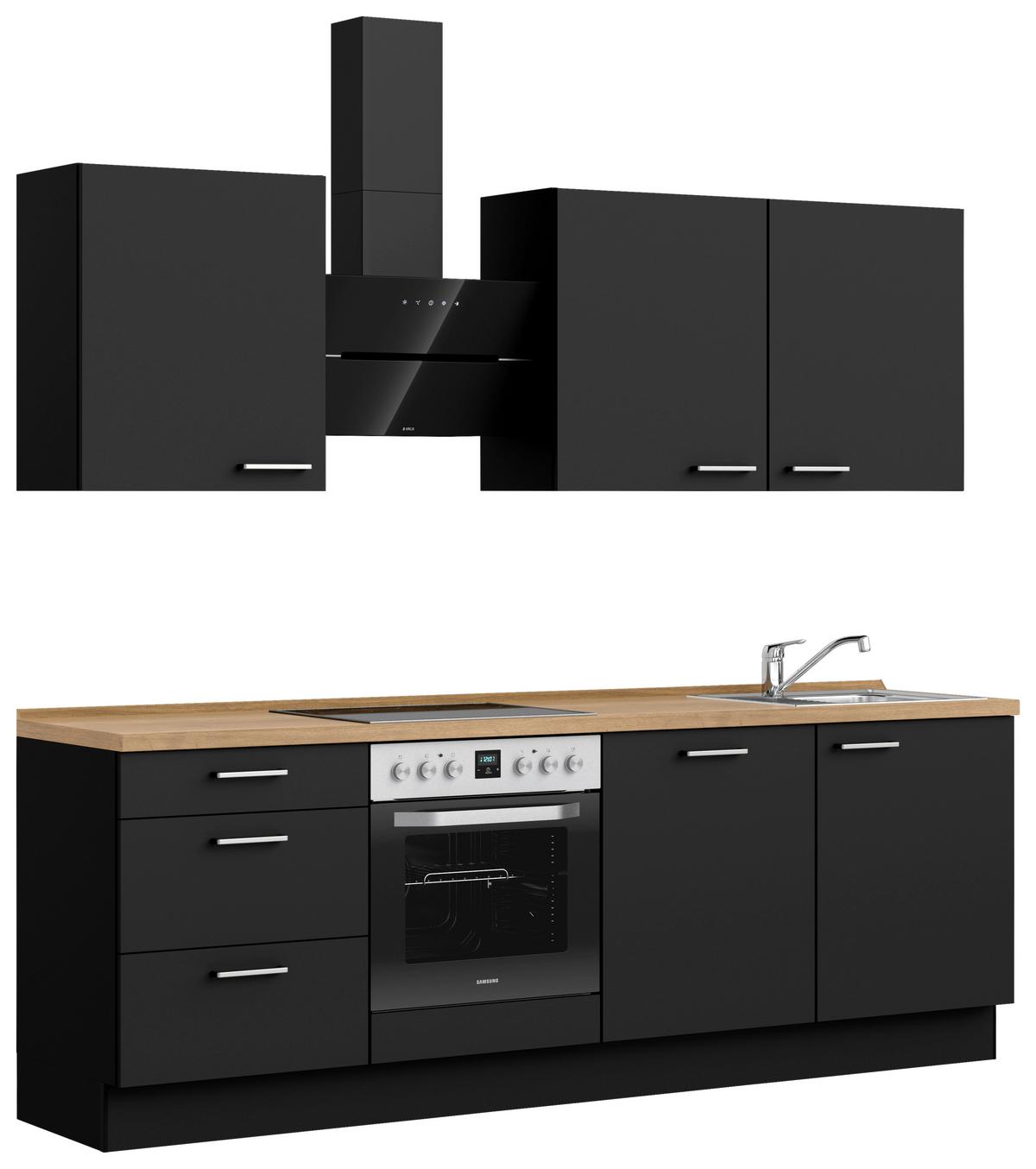 Kuchyňská linka 240 cm, černá matná/ barva dub - černá/barvy dubu, Moderní, kov/kompozitní dřevo (240cm) - Nobilia