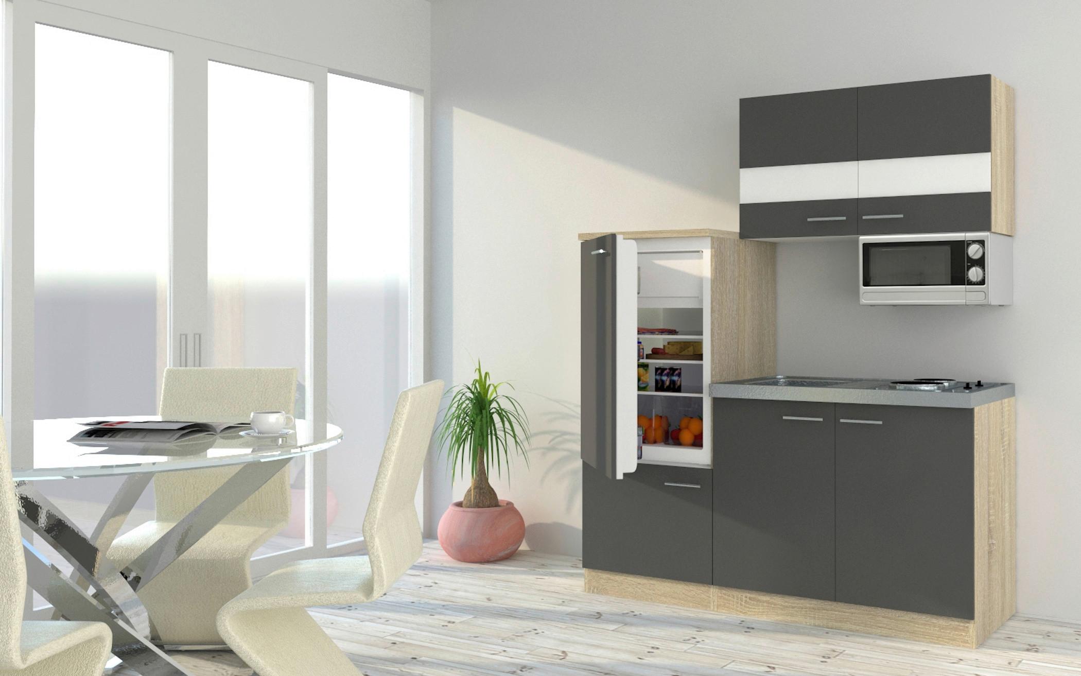 Miniküche mit Kühlschrank + Kochfeld 160 cm Grau/Eiche - Edelstahlfarben/Eichefarben, Basics, Holzwerkstoff/Metall (160cm) - Respekta