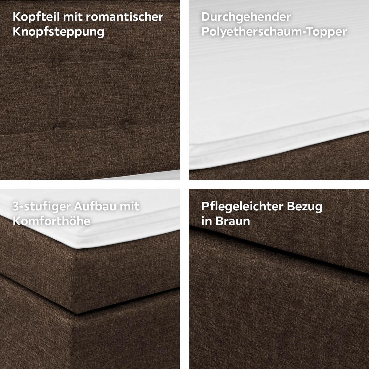 Boxspringbett mit Topper 180x200cm Fabio, Braun - Braun, MODERN, Textil (180/200cm)