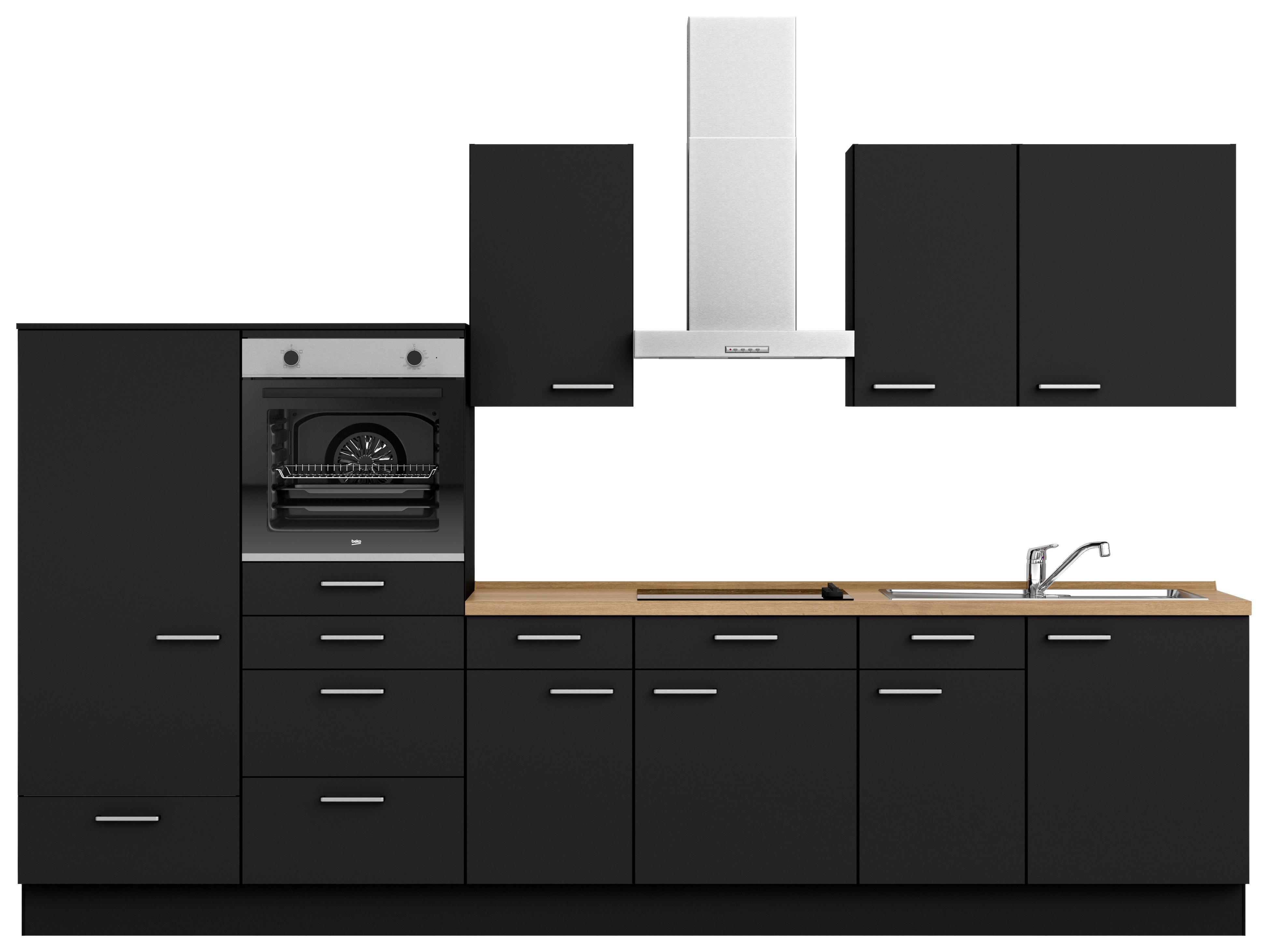 Kuchynská linka 330 cm, čierna matná - čierna/farba ušľachtilej ocele, Modern, kov/kompozitné drevo (330cm) - Nobilia