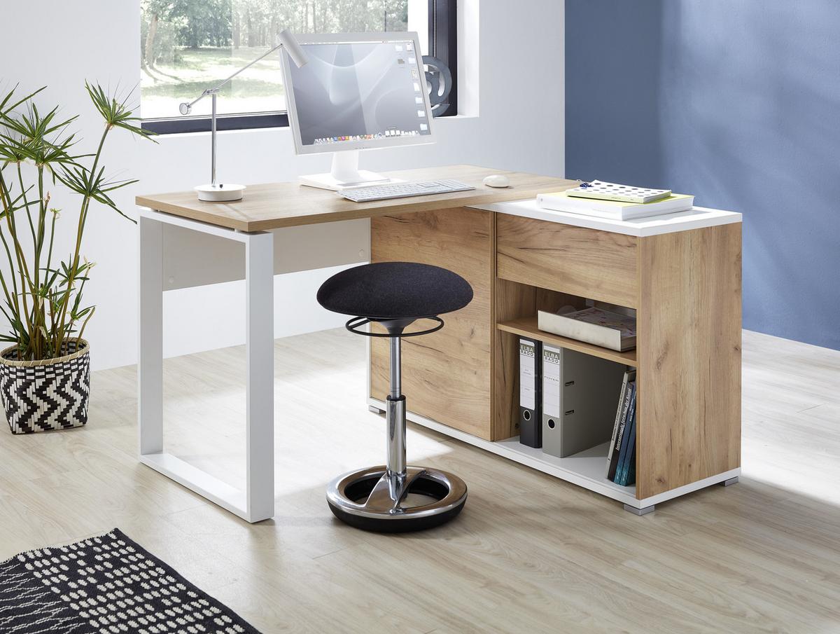 Eckschreibtisch Mit Stauraum B 120cm H 117cm Gw-Lioni Eiche - Eichefarben/Weiß, Design, Holzwerkstoff/Metall (120/75/117cm) - Germania