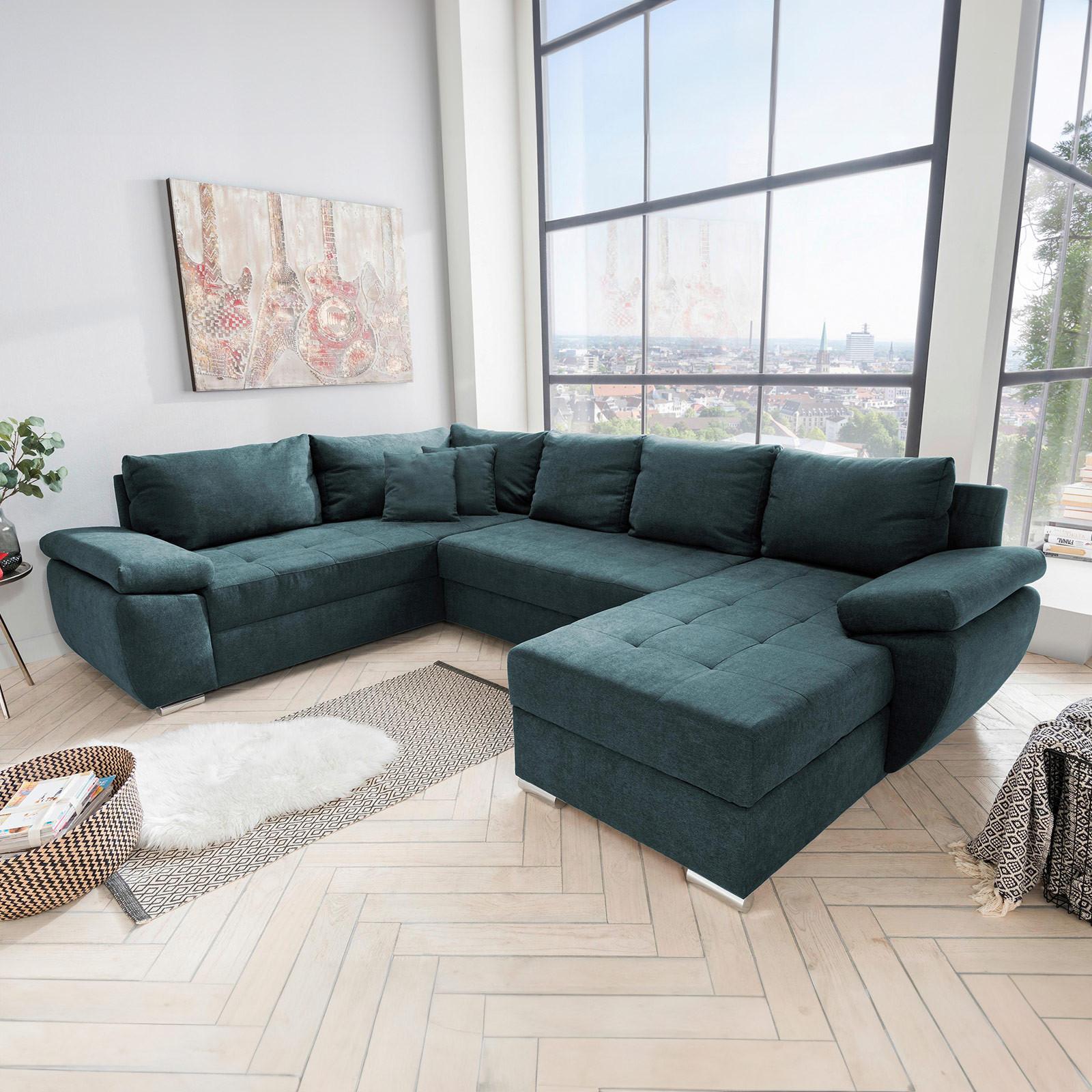 Wohnlandschaft Terana Mit Schlaffunktion, Petrol - Chromfarben/Petrol, KONVENTIONELL (219/305/157cm) - Livetastic