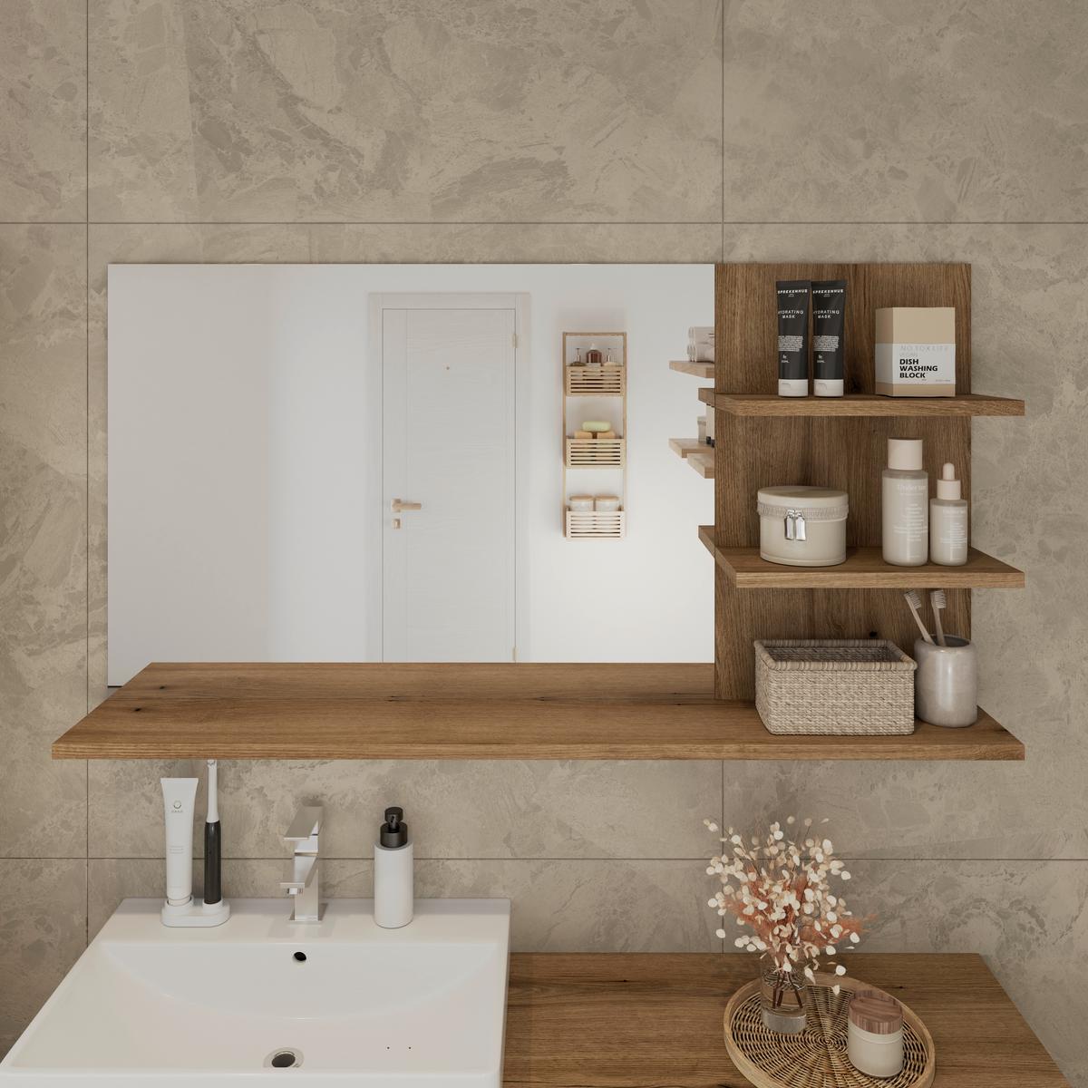 Badezimmerspiegel Cotia BxHxT: 135x70x20 cm, mit Ablagen - Eichefarben/Anthrazit, MODERN, Glas/Holzwerkstoff (135/70/20cm) - James Wood