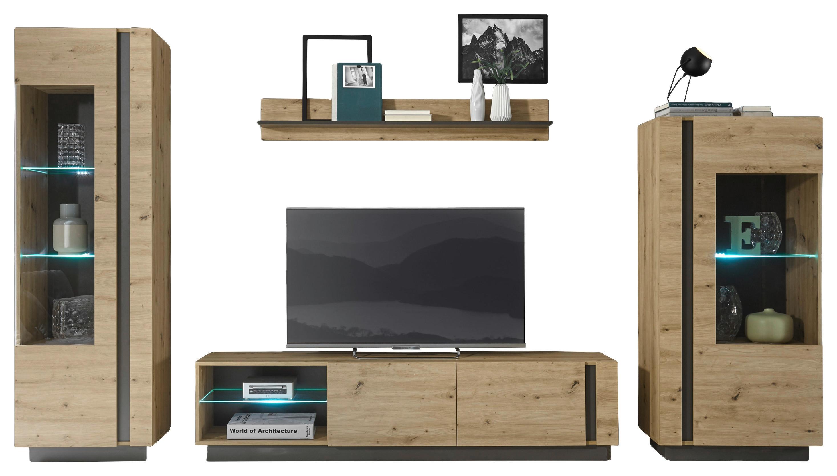 Wohnwand Clair Grau/ Eiche Artisan Dekor B: 340cm - Eiche Artisan/Grau, Design, Glas/Holzwerkstoff (340/194/40cm) - MID.YOU