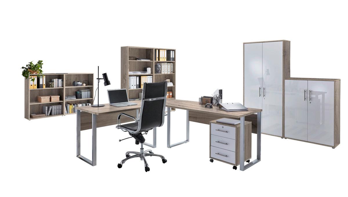 Büro Office Edition Eiche Dekor/weiß Hochglanz - Weiß Hochglanz/Sonoma Eiche, MODERN, Holzwerkstoff/Metall - MID.YOU