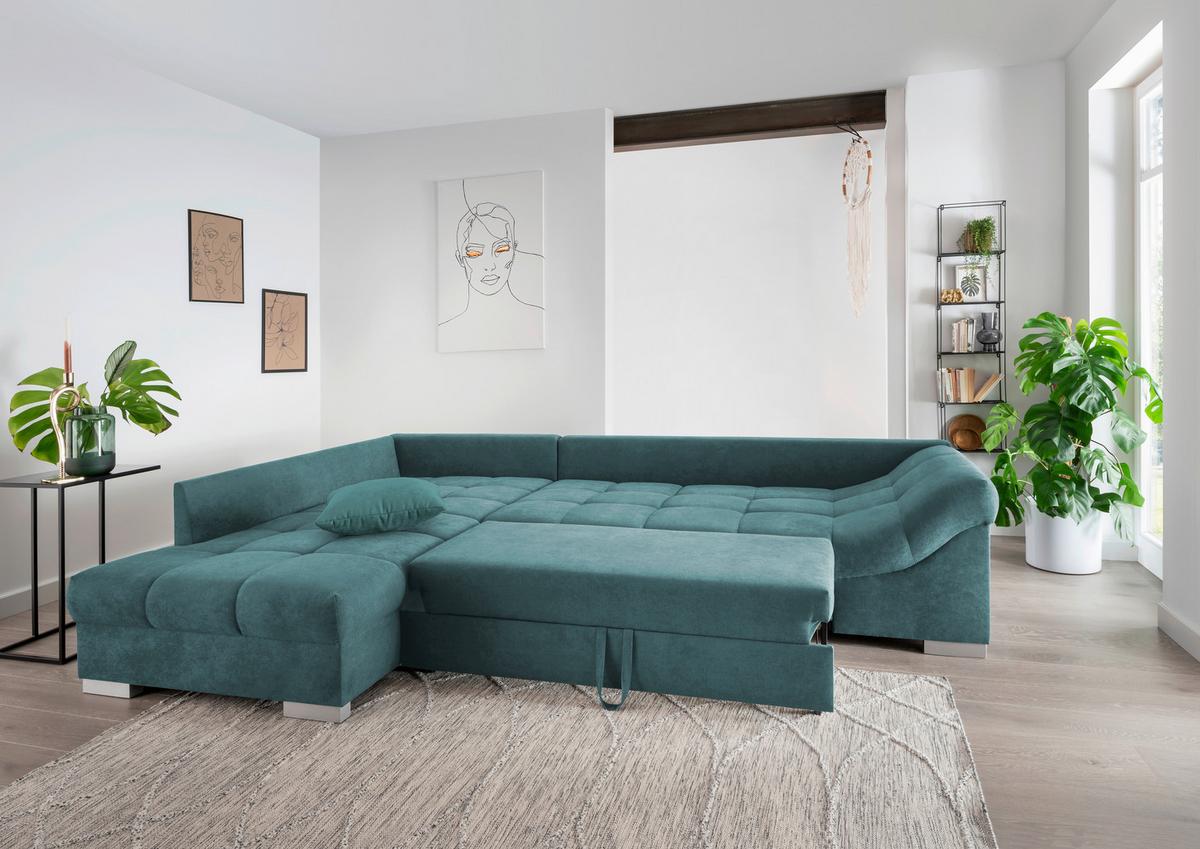 Eckschlafsofa Alvito Petrol S: 202/298 Cm - Silberfarben/Petrol, Design, Textil (202/298cm) - MID.YOU