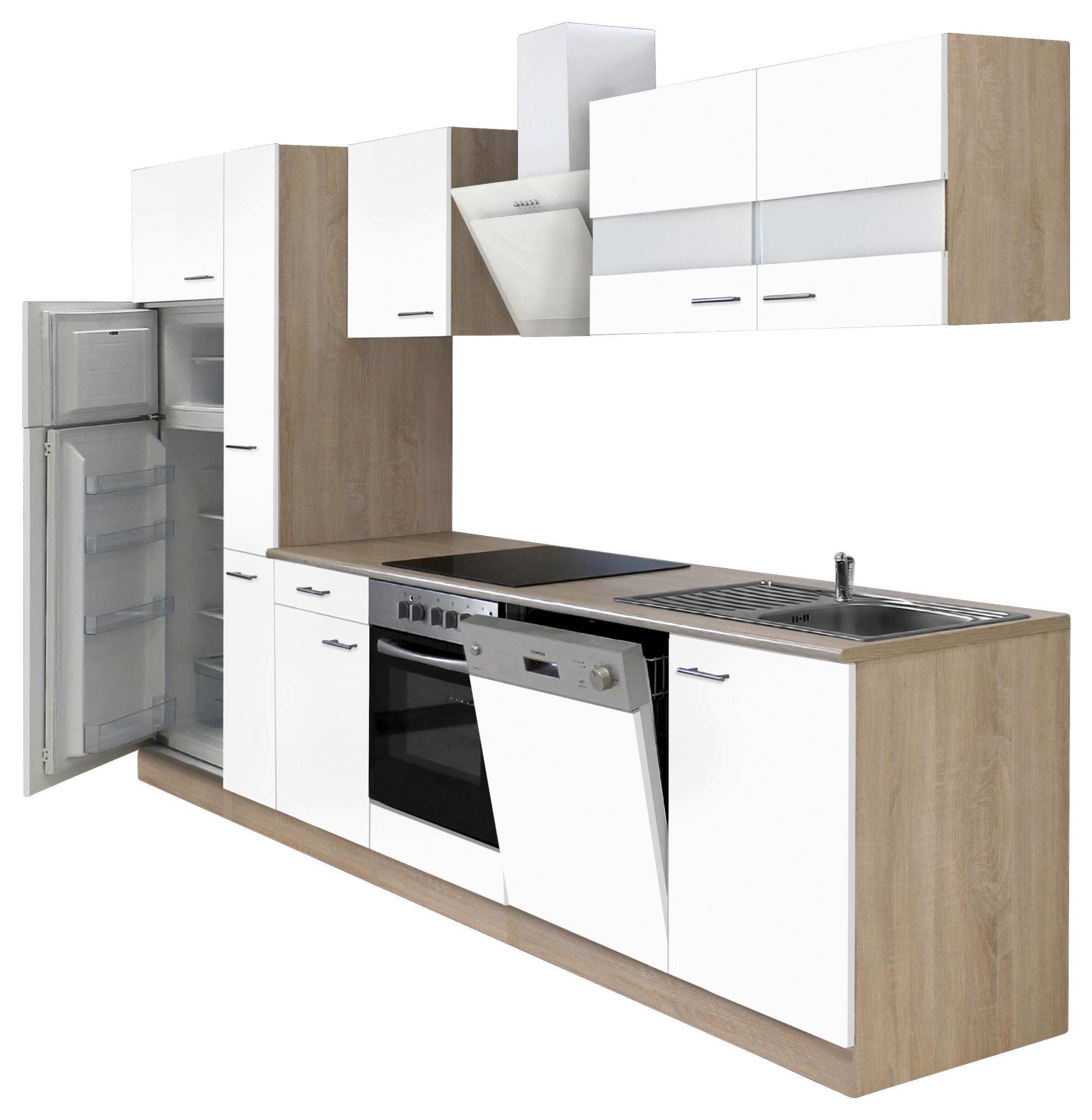 Küchenzeile Economy mit Geräten 310 cm Weiß/Eiche Dekor Modern - Eichefarben/Weiß, Basics, Holzwerkstoff (310cm) - Respekta