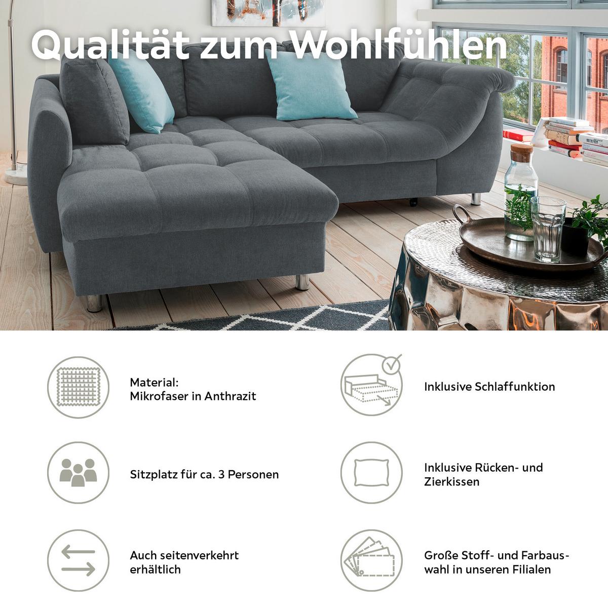 Ecksofa Mit Schlaffunktion Agira Anthrazit/blau 190x250cm - Blau/Chromfarben, Design, Textil (190/250cm) - Livetastic
