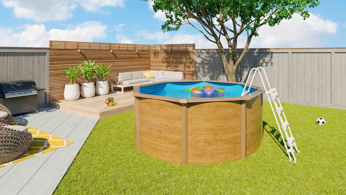 Pool-Set Steely De Luxe Wood 3-teilig, Laufruhige Pumpe - Hellbraun/Hellblau, Basics, Metall (390/120cm)