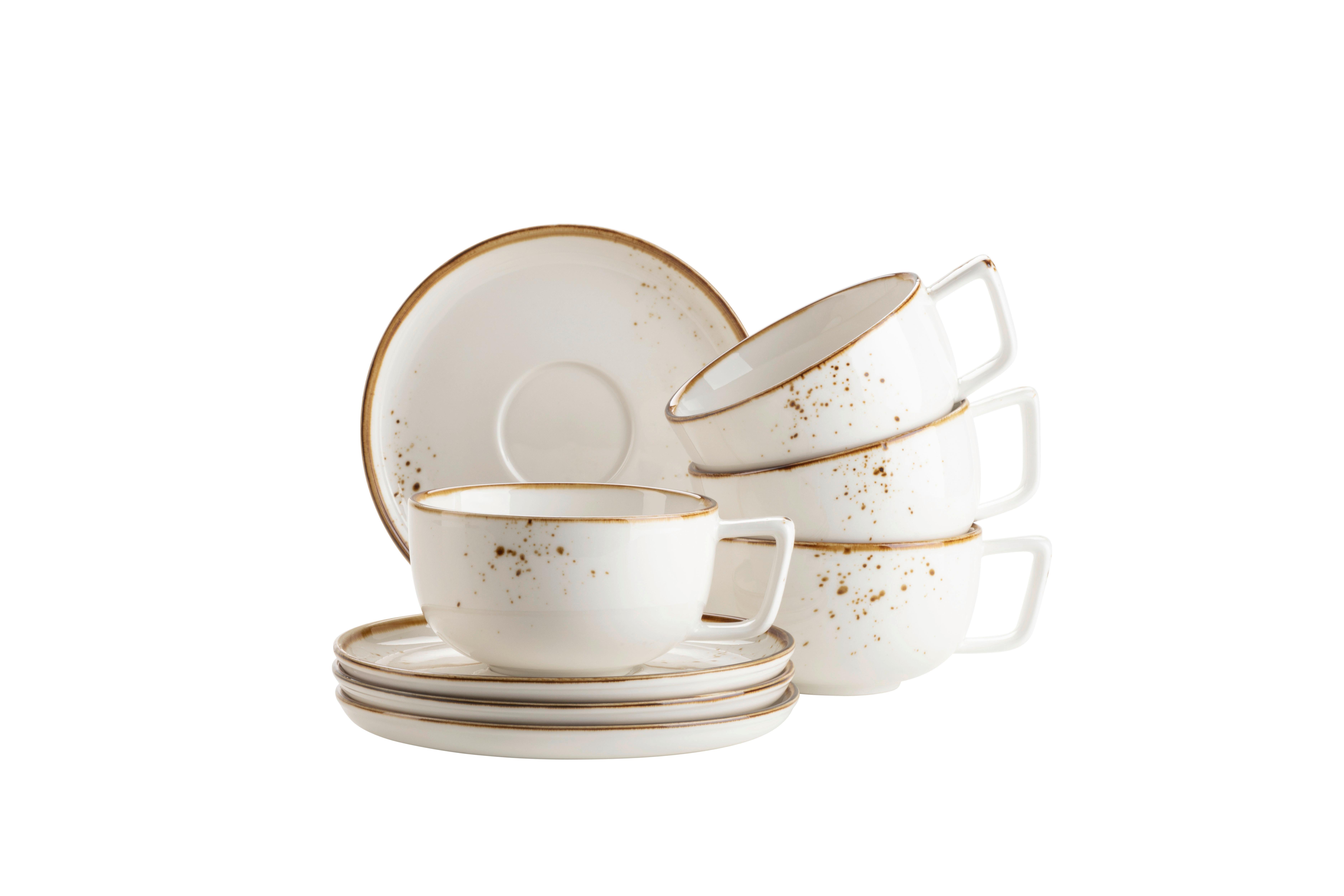 Tassenset Pintar Porzellan 8--Teilig. D: 14 cm Braun Weiß