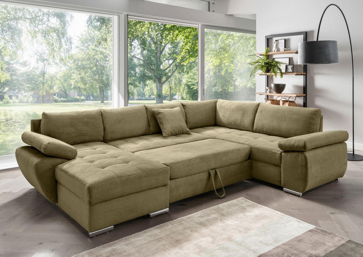 Wohnlandschaft Terana mit Schlaffunktion, Olivgrün - Chromfarben/Olivgrün, KONVENTIONELL, Textil (157/305/219cm) - Livetastic