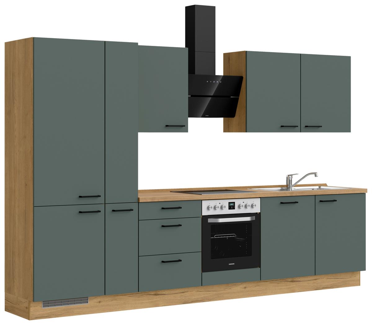 Kuchyňská linka 330 cm, minerální zelená,ultra matná - barvy dubu/černá, Moderní, kov/kompozitní dřevo (330cm) - Nobilia