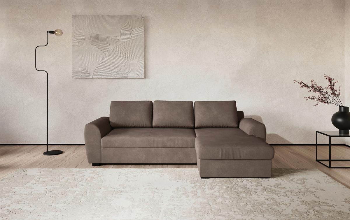 Ecksofa mit Bettfunktion Mikrofaser taupe, B: 253cm - Taupe/Schwarz, Trend, Textil (253/154cm) - MID.YOU