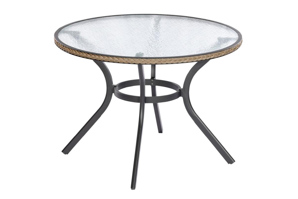 Gartentisch Ravenna Metall/ Glas/Kunststoff Ø 104 cm - Graphitfarben/Naturfarben, ROMANTIK / LANDHAUS, Glas/Kunststoff (104/74cm) - Gardenson