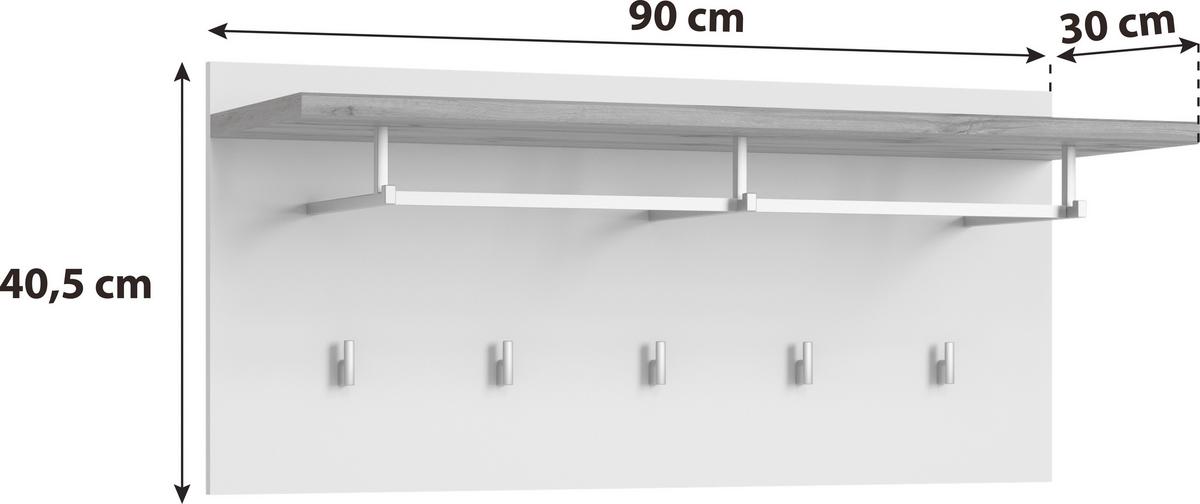 Garderobenpaneel Hola Weiß/ Eiche Wotan B: 90 Cm - Eiche Wotan/Weiß, Trend, Holzwerkstoff (90/40,5/30cm)