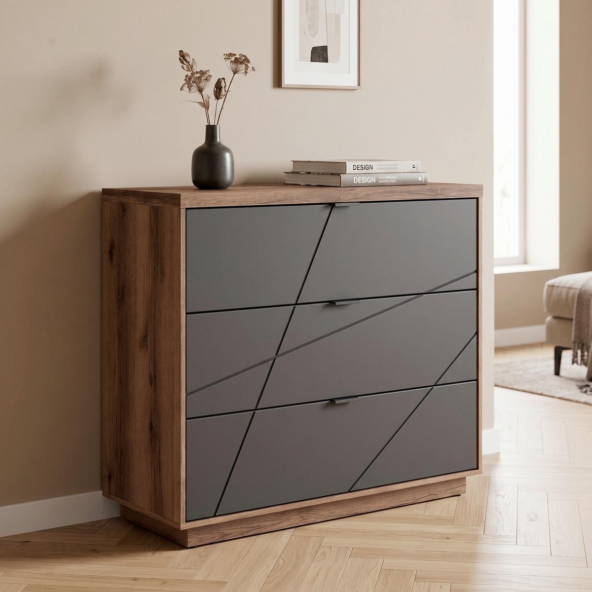 Kommode 106 cm Forn Chest Of Drawers, Eiche Dekor - Eichefarben/Schwarz, Design, Holzwerkstoff (106/93/42,5cm)