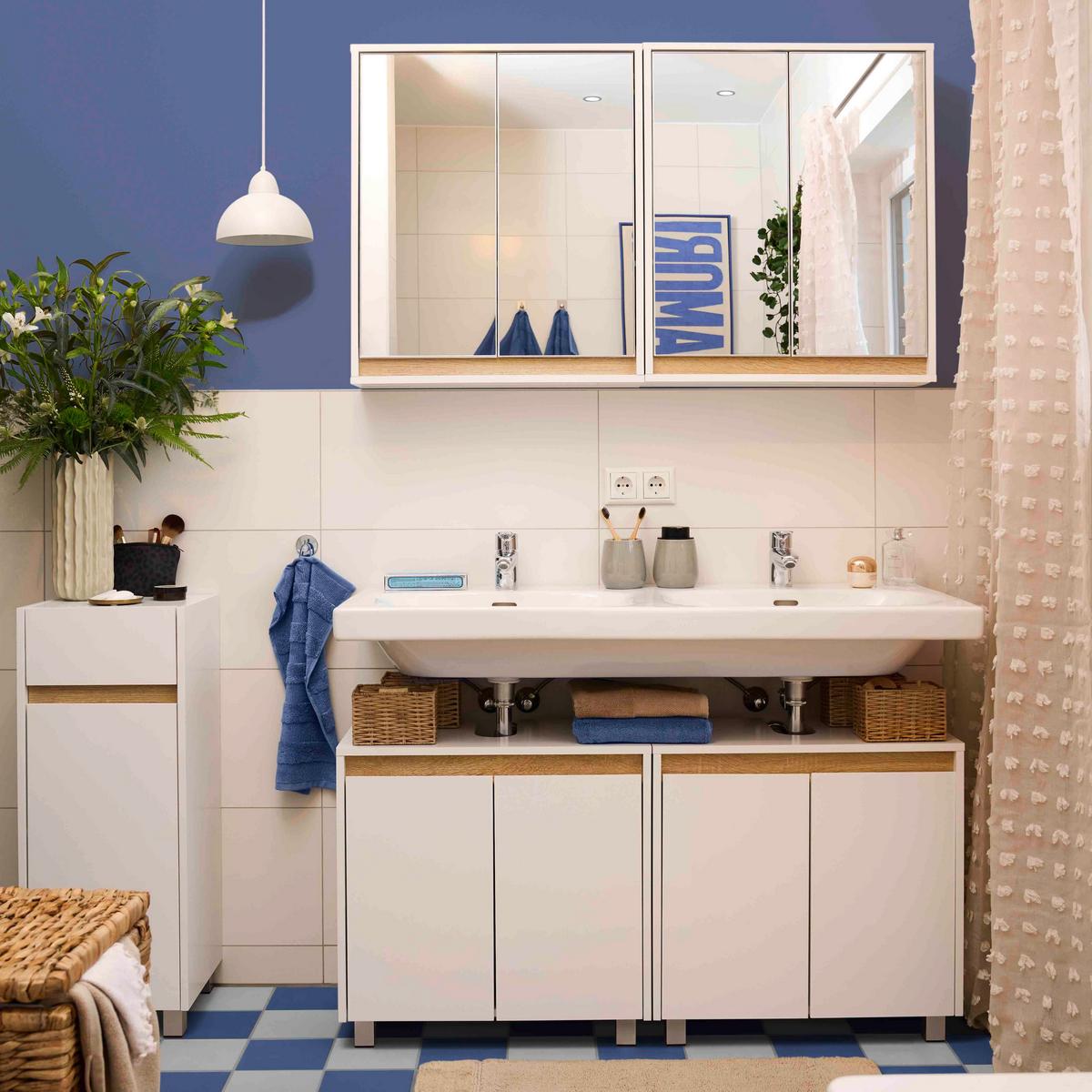 Skříňka MASSIMO bílá/borovice - bílá/barvy stříbra, Moderní, plast (33/85/30cm) - Bessagi Home