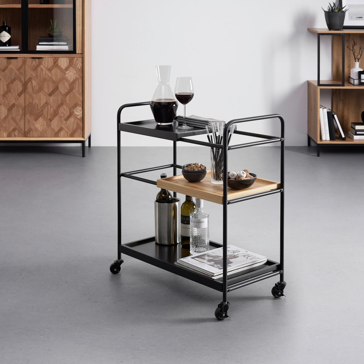 Servírovací vozík GIORGIA - čierna/farba duba, Modern, kov/drevo (70/79/34cm) - Bessagi Home