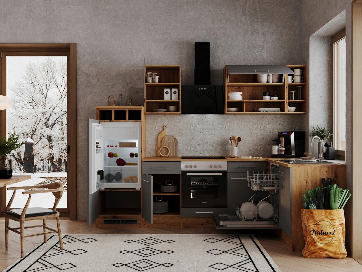Eckküche Economy mit Geräten 280x172cm Wildeiche Dekor/Grau - Wildeiche/Grau, Basics, Holzwerkstoff (280/172cm) - Respekta