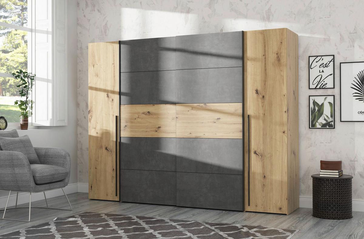 Drehtürenschrank 270cm Narago, Eichefarben/Dunkelgrau - Eichefarben/Dunkelgrau, MODERN, Holzwerkstoff/Kunststoff (270/210/61cm) - MID.YOU