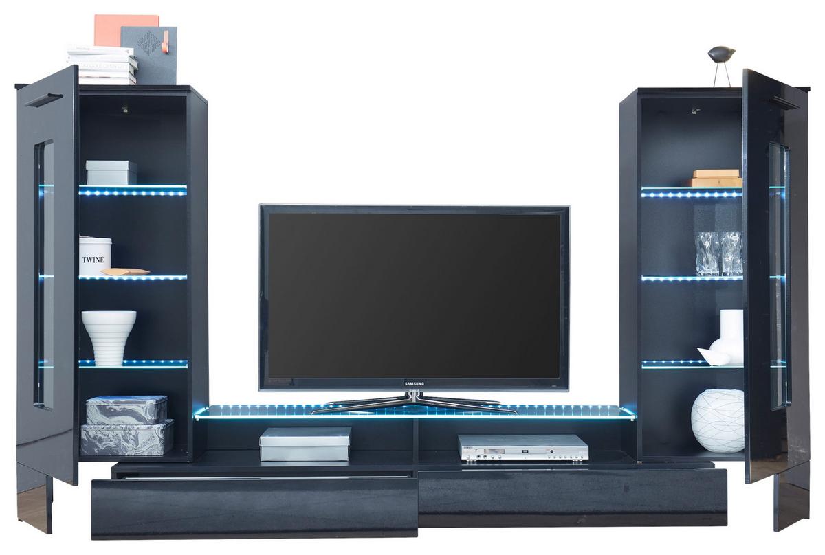 Wohnwand 3-Tlg. mit Led Jupiter Schwarz - Schwarz Hochglanz/Schwarz, KONVENTIONELL, Glas/Holzwerkstoff (265/147/40cm) - MID.YOU