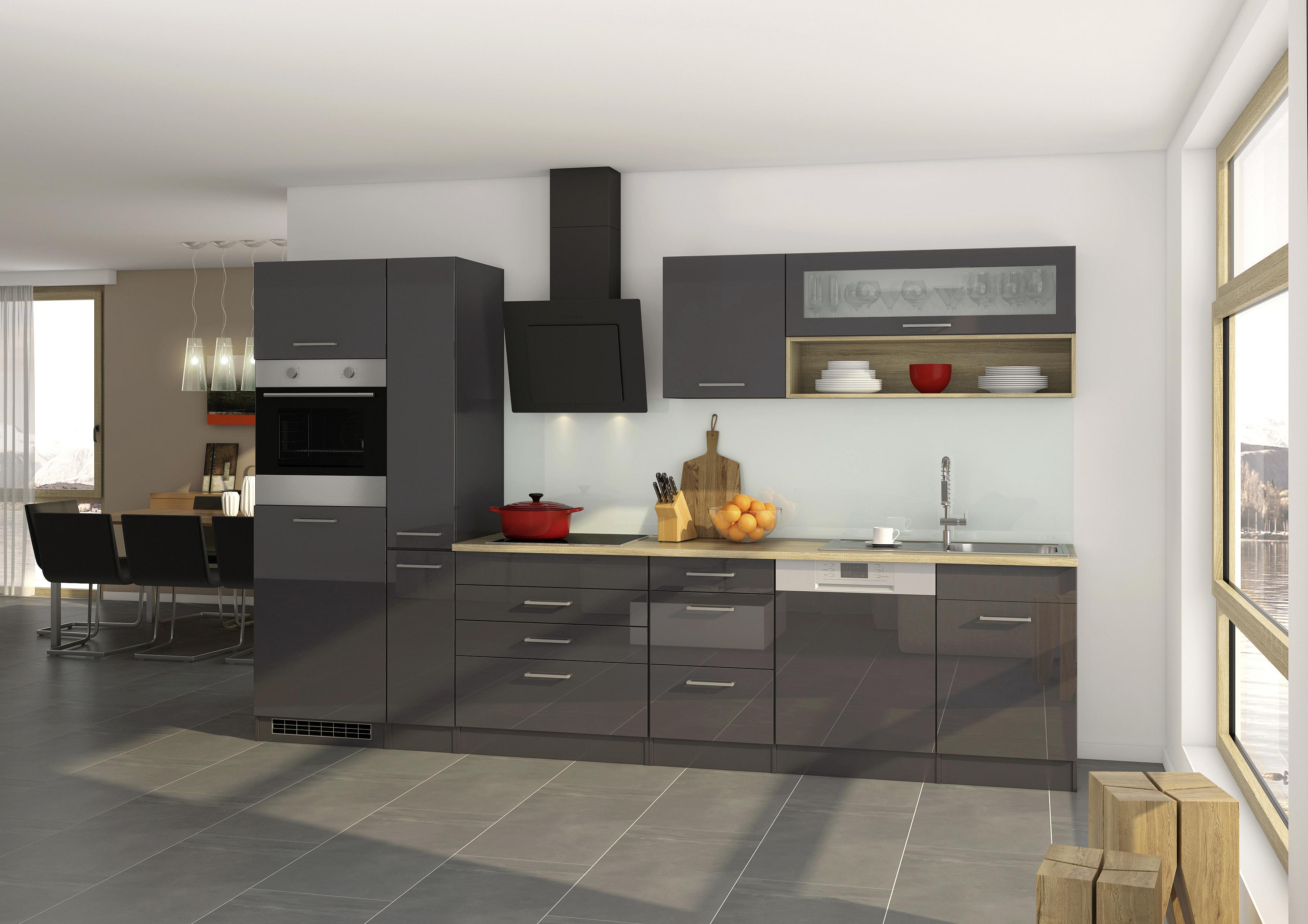 Küchenzeile Mailand mit Geräten 330 cm Anthrazit Hochglanz - Eichefarben/Anthrazit, MODERN, Holzwerkstoff (330cm) - MID.YOU