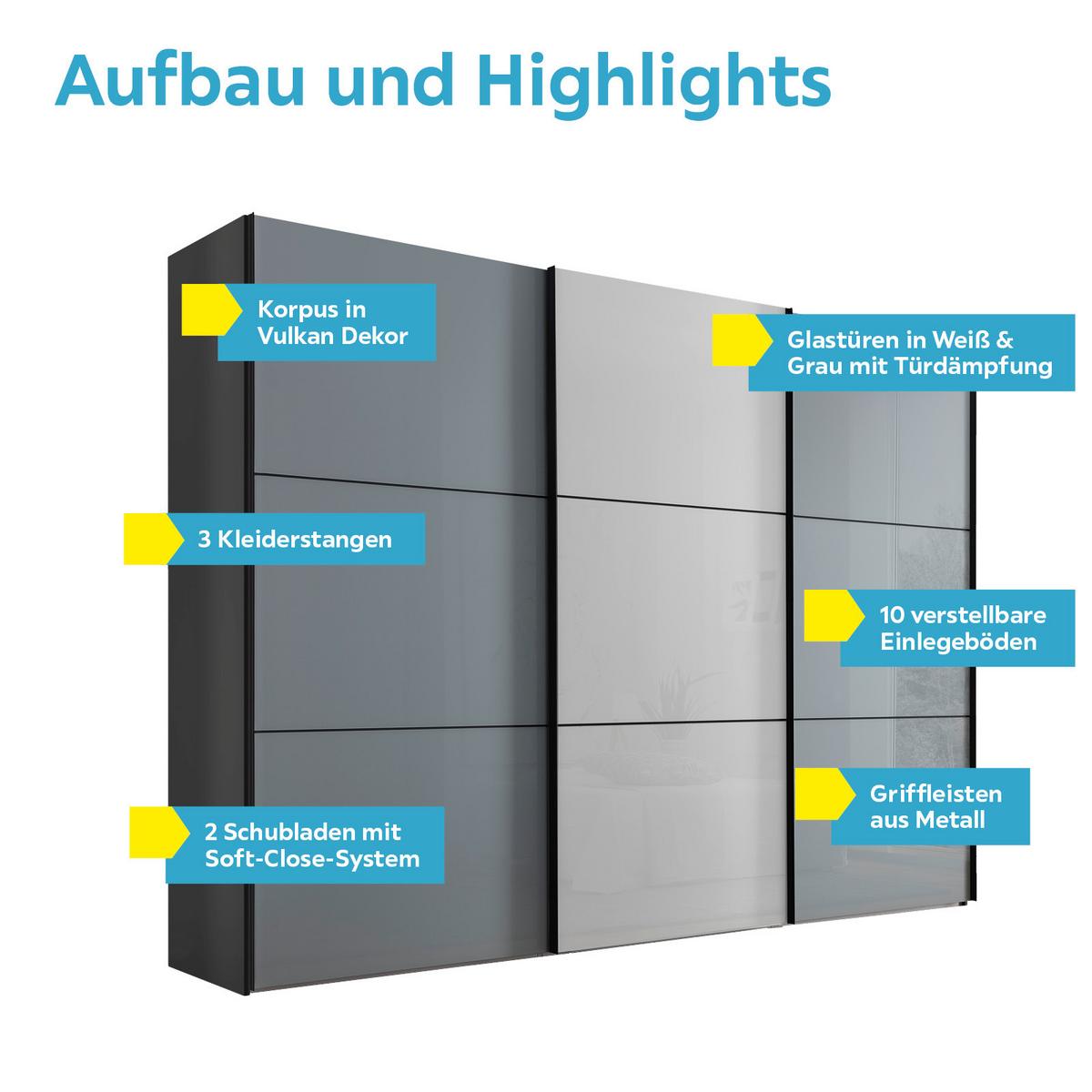 Schwebetürenschrank Glasfront 249 Cm Includo, Hellgrau/weiß - Dunkelgrau/Hellgrau, MODERN, Glas/Holzwerkstoff (249/222/68cm)