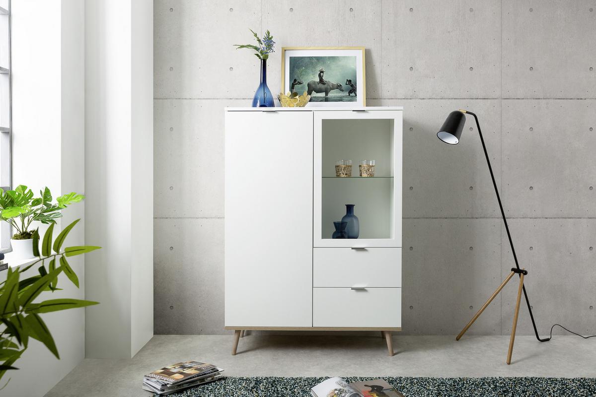 Highboard Mit Glaselementen B 100cm Göteborg, Weiß - Eichefarben/Weiß, KONVENTIONELL, Glas/Holzwerkstoff (100/140/40cm) - MID.YOU