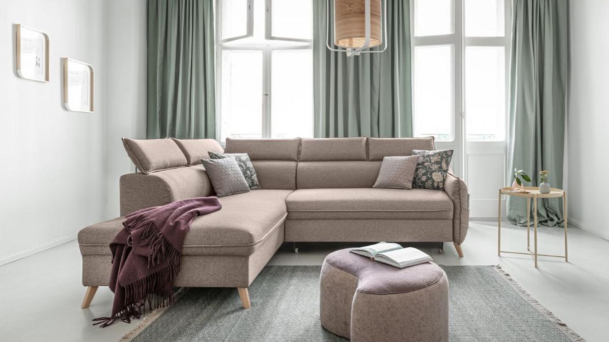 Rozkladacia sedačka Simone, ľavé prevedenie - prírodná farba/béžová, Modern, drevo/textil (253/82/95/208cm)