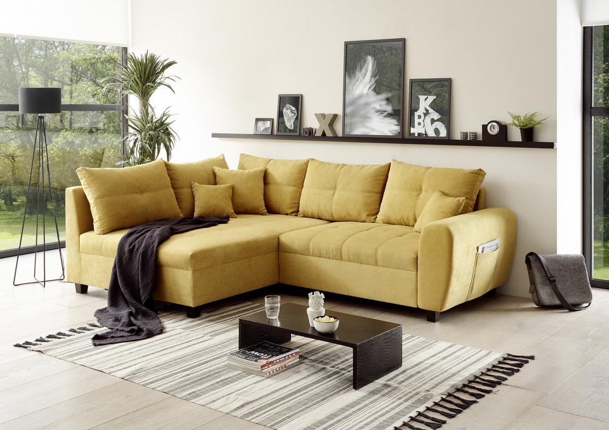 Ecksofa Inkl. Kissen Und Hocker Lea, Polyester-Nylon - Gelb/Schwarz, Basics, Holzwerkstoff/Textil (176/248cm) - MID.YOU