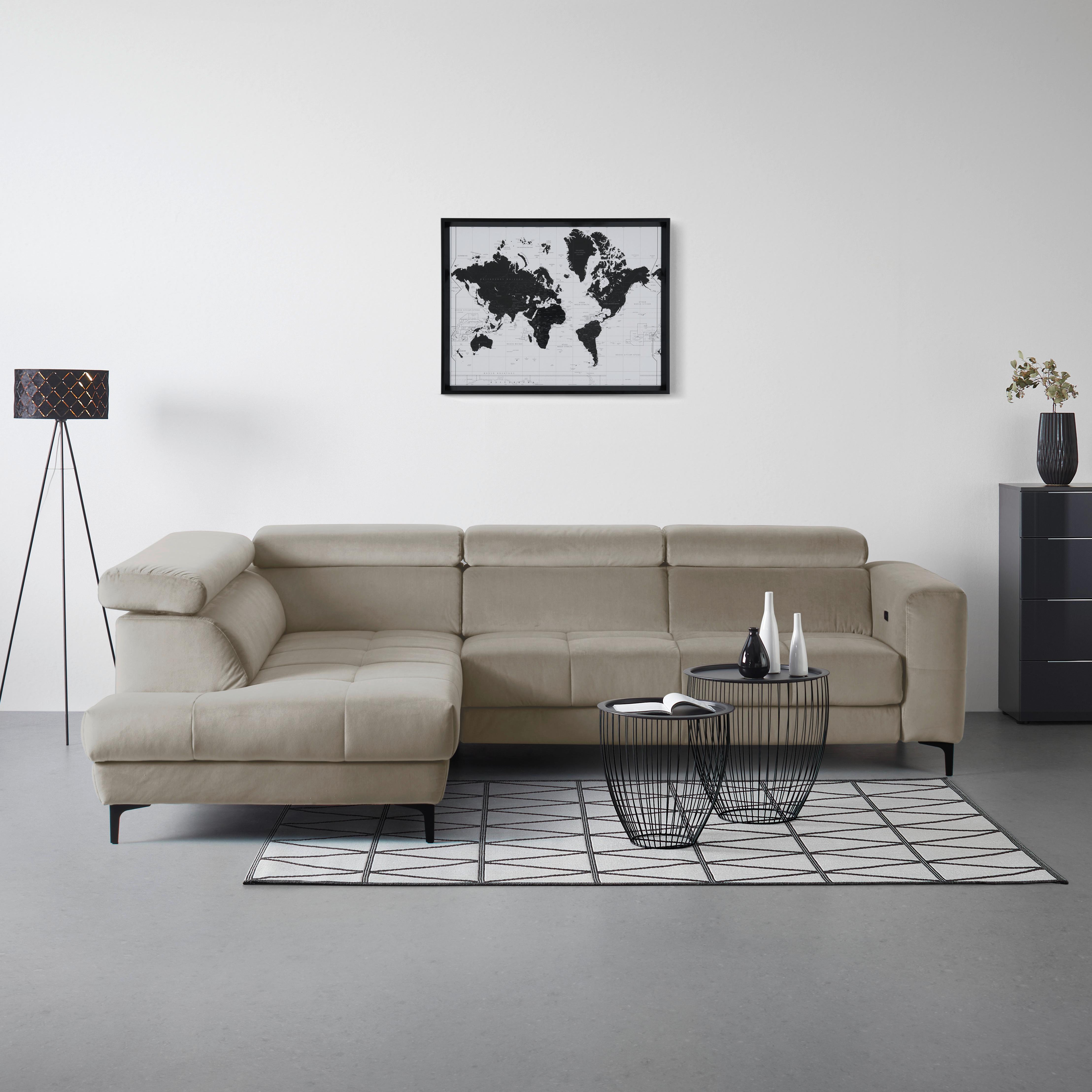 Rohová sedačka EMMA, levá, béžová,op.hl,USB,el.výsuv - černá/béžová, Moderní, textil (210/301cm) - Premium Living