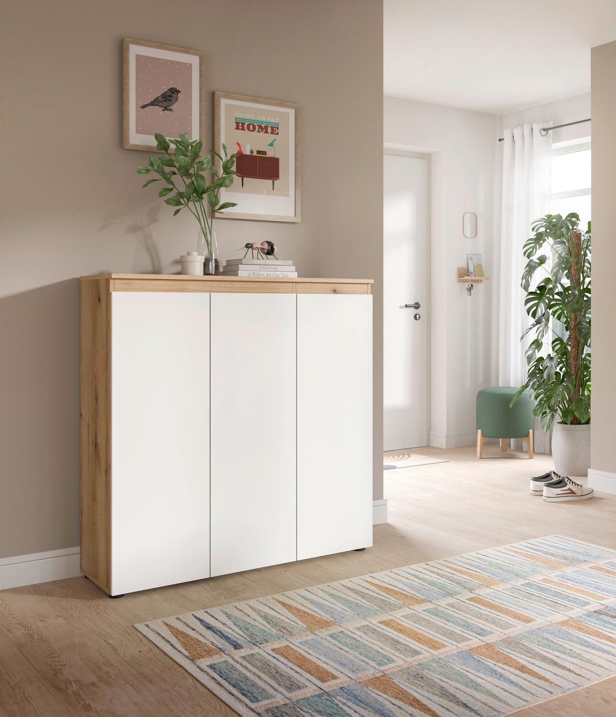 Schuhschrank Scarpa Eiche Dekor, Weiß B: 105 Cm - Eichefarben/Schwarz, Design, Holzwerkstoff (105/111/37cm) - Livetastic