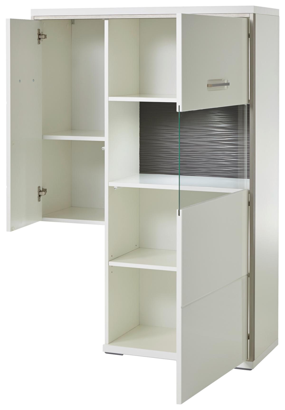 Highboard B: 94 cm Trento Grau/Silberfarben/Weiß - Weiß Hochglanz/Silberfarben, Design, Glas/Holzwerkstoff (94/137/38cm) - Livetastic