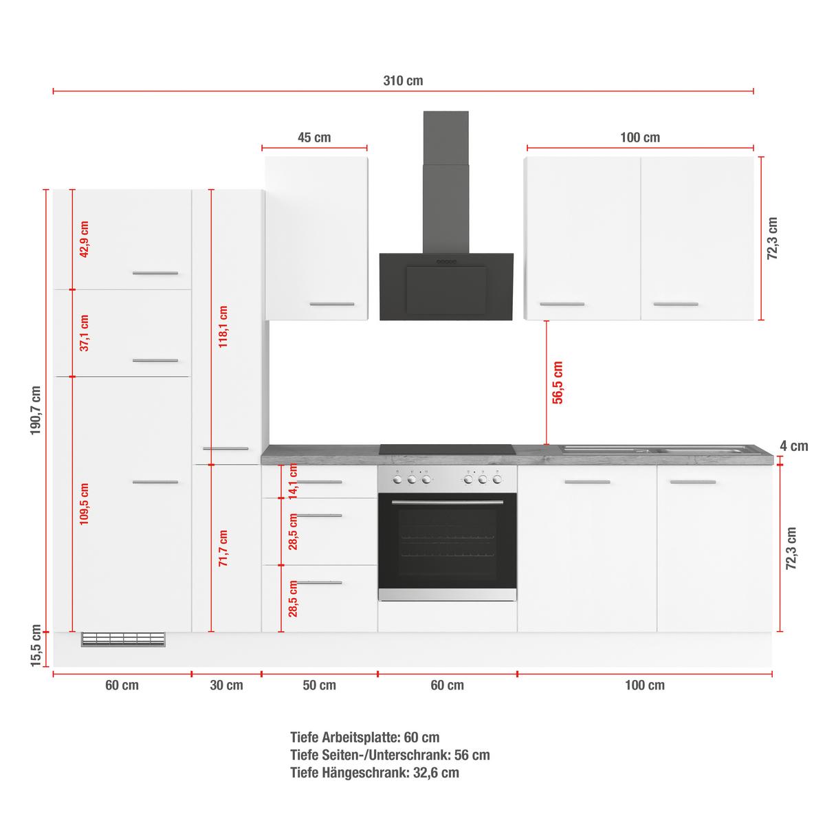 Küchenblock Ip120 Weiß B: 310 cm - Eichefarben/Weiß, Trend, Holzwerkstoff (310cm) - Impuls
