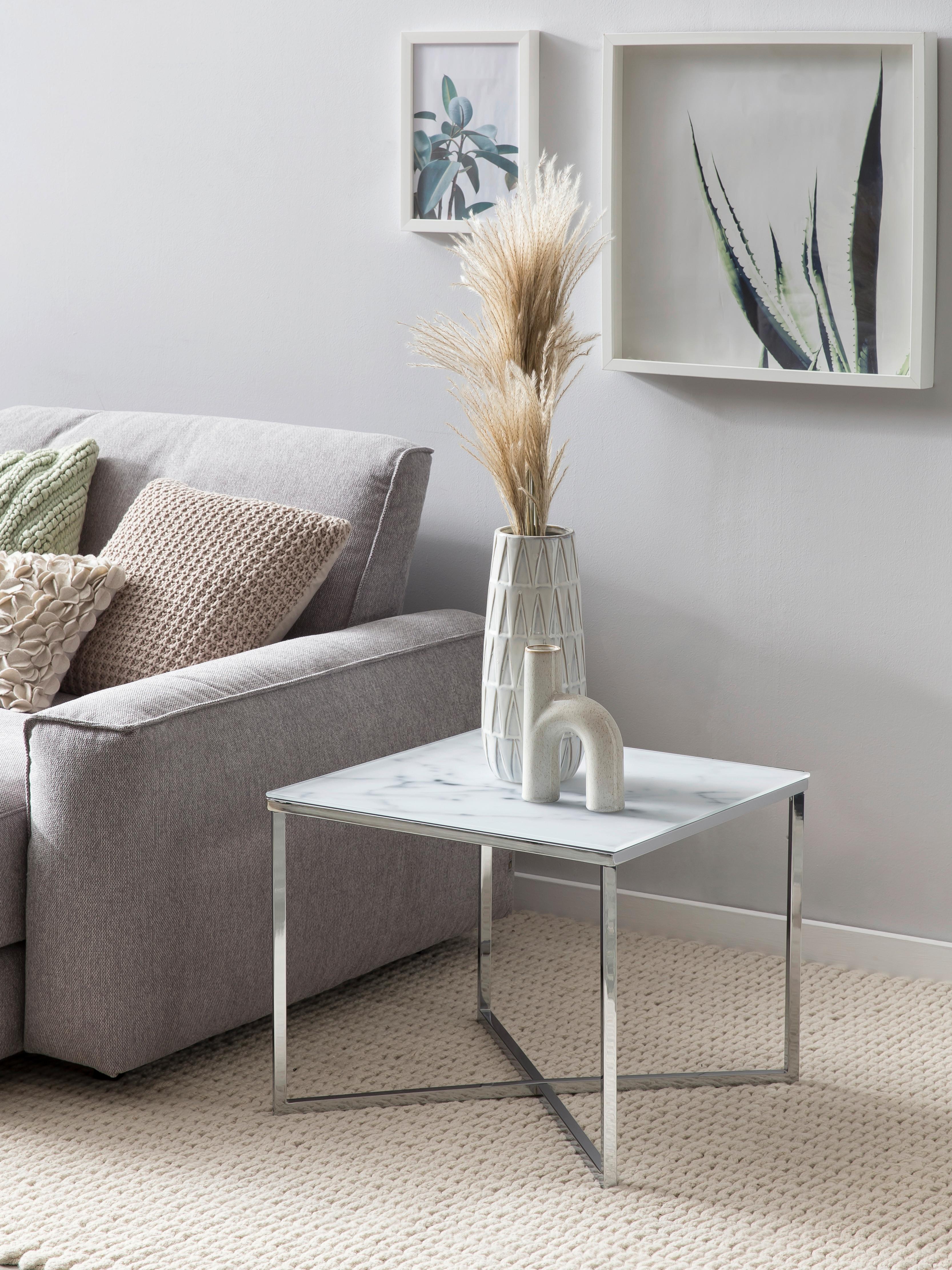 Couchtisch Weiß/Chromfarben B: 50 cm - Chromfarben/Weiß, Design, Glas/Metall (50/50/42cm) - Livetastic