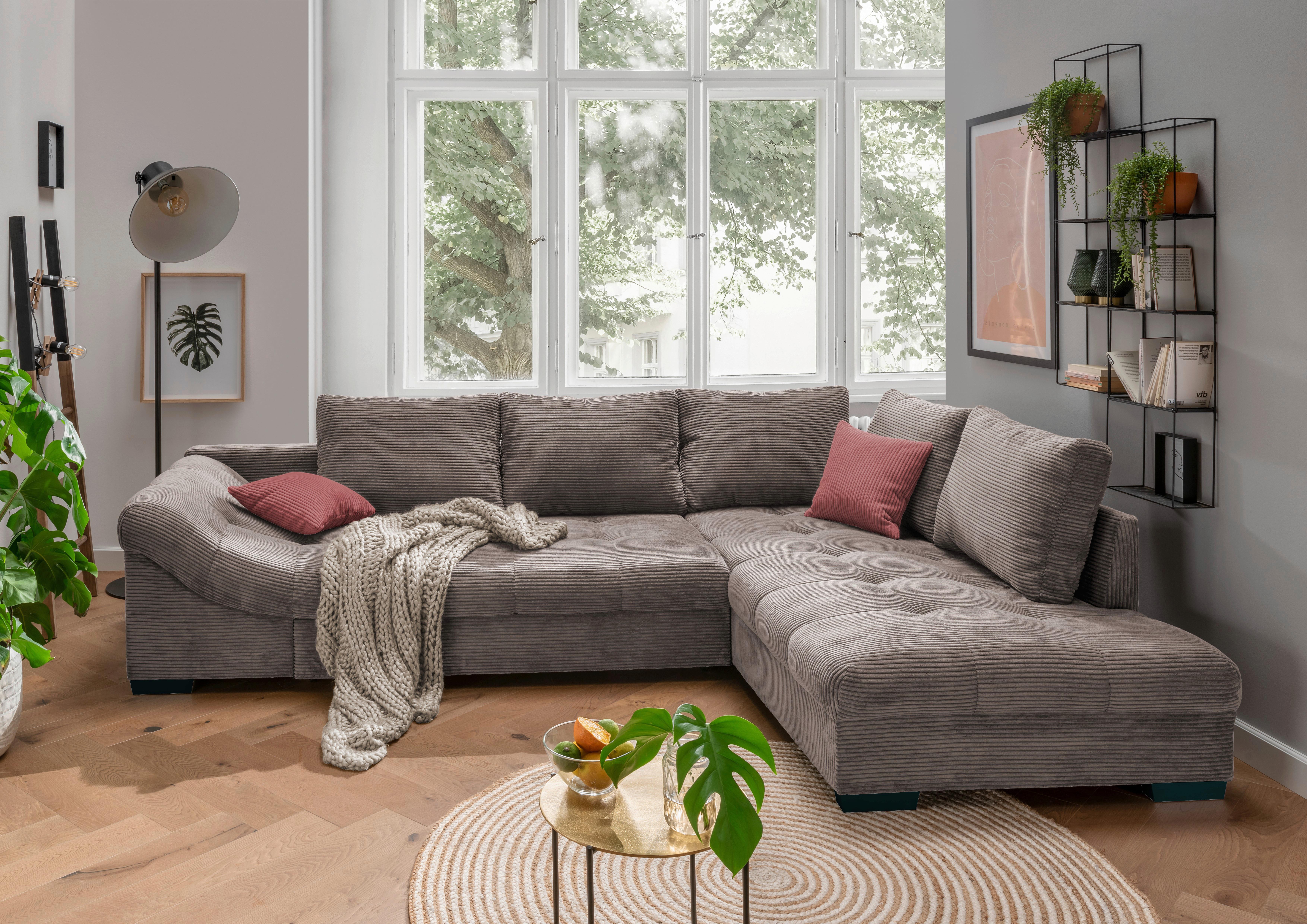Rohová sedačka ALVITO, pravá, šedohnědý manšestr - šedá/černá, Design, dřevo/textil (298/202cm) - MID.YOU
