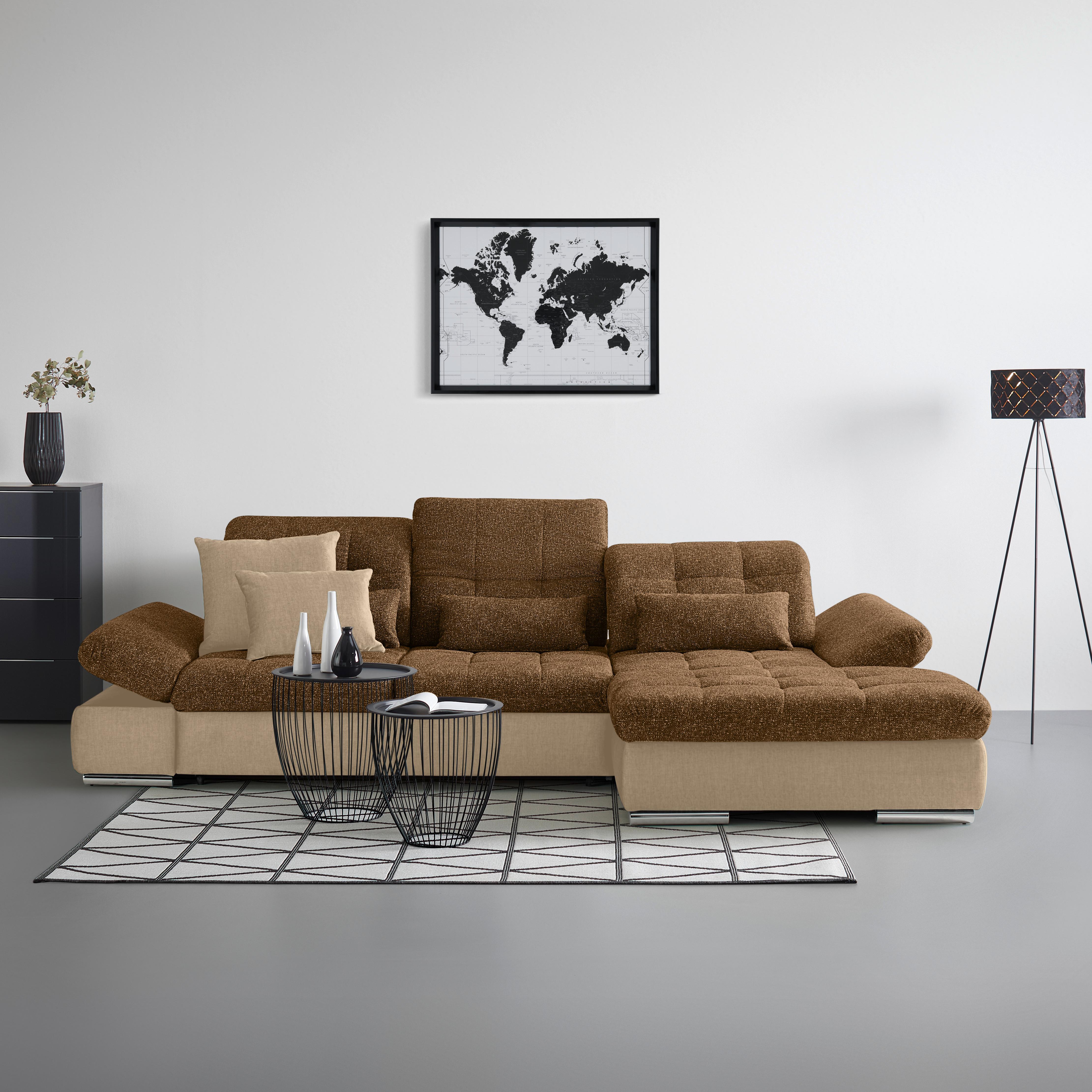 Rohová sedačka SANFINO, pravá, šedohnědá / koňaková - barvy chromu/koňaková, Konvenční, kov/dřevo (305/79-96/199cm) - Premium Living