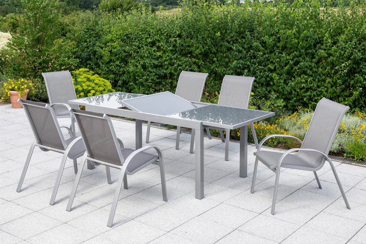 Gartengarnitur 7-Tlg. Amalfi Alu/Glas/Kunststoff - Silberfarben/Braun, KONVENTIONELL, Glas/Textil - Gardenson