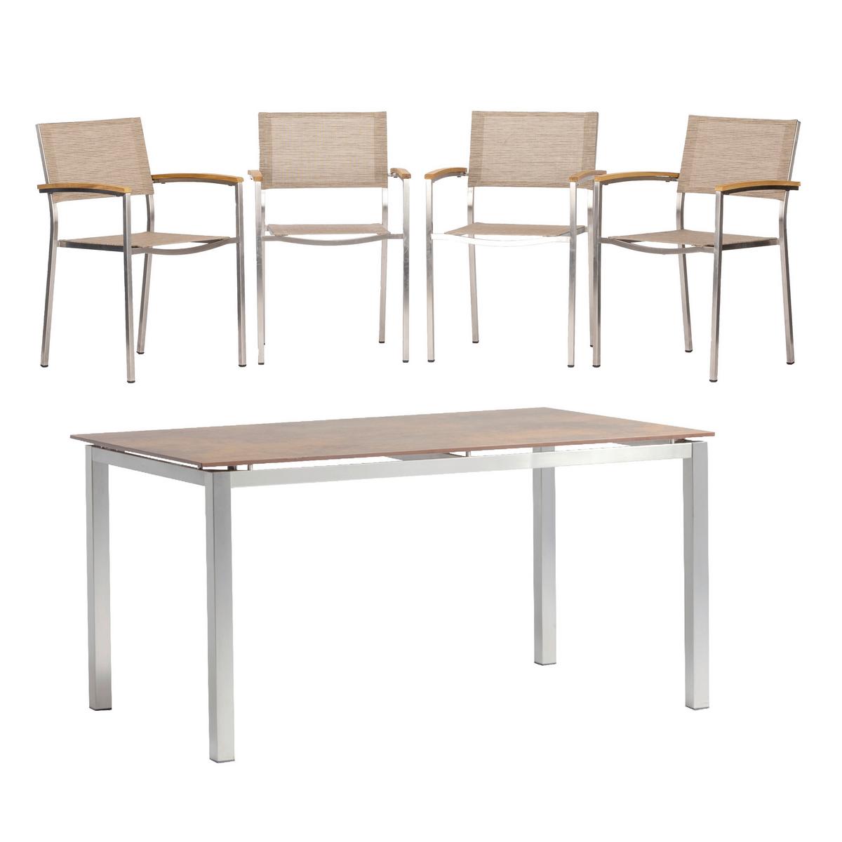 Gartengarnitur 5-tlg. Skye Metall/textil - Platinfarben/Braun, Basics, Holzwerkstoff/Textil (150/75/90cm) - Gardenson