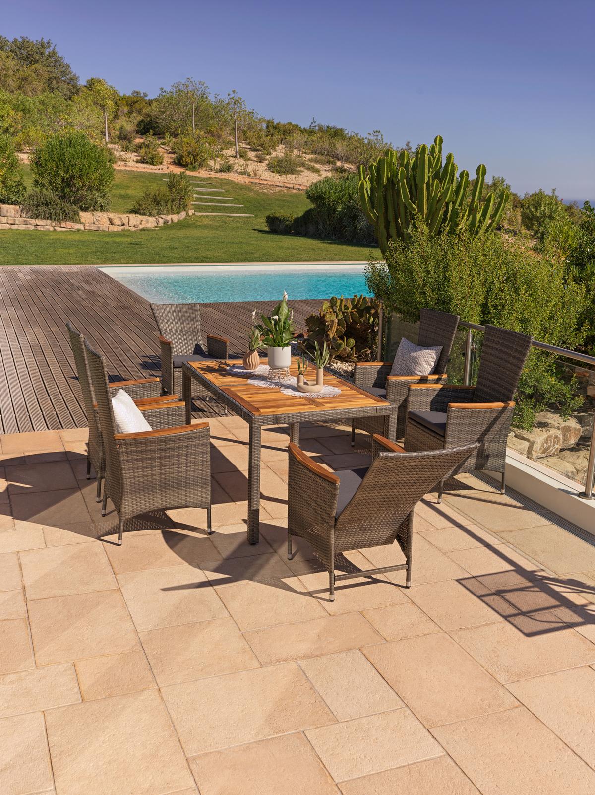 Gartengarnitur Korfu 7-teilig Aus Poly-Rattan Mit Kissen - Grau, MODERN, Holz/Kunststoff (150/90/75cm) - Luca Bessoni