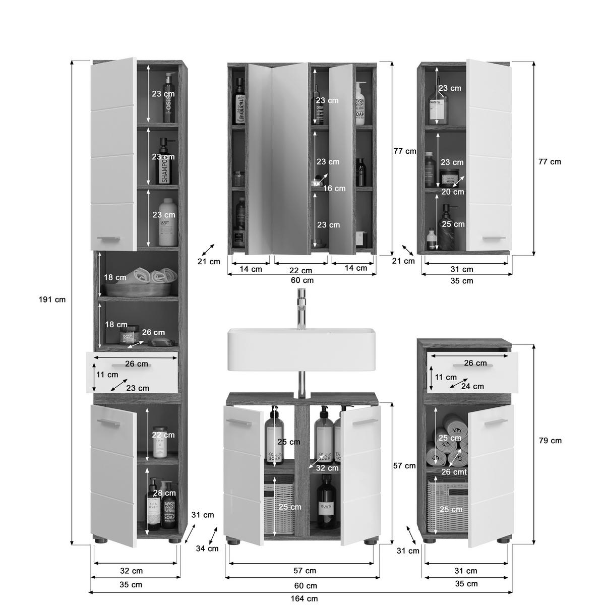 Kúpeľňa Blake, 5-dielna, biela,šedá,strieborná - čierna/biela s vysokým leskom, Modern, kompozitné drevo/plast (130cm) - MID.YOU