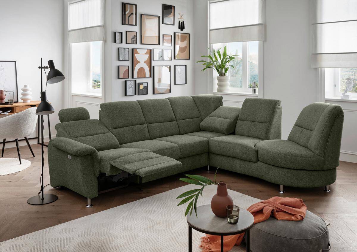 Ecksofa mit Relaxfunktion Parole Dunkelgrün Chenille - Chromfarben/Dunkelgrün, MODERN, Textil (275/236cm) - Livetastic