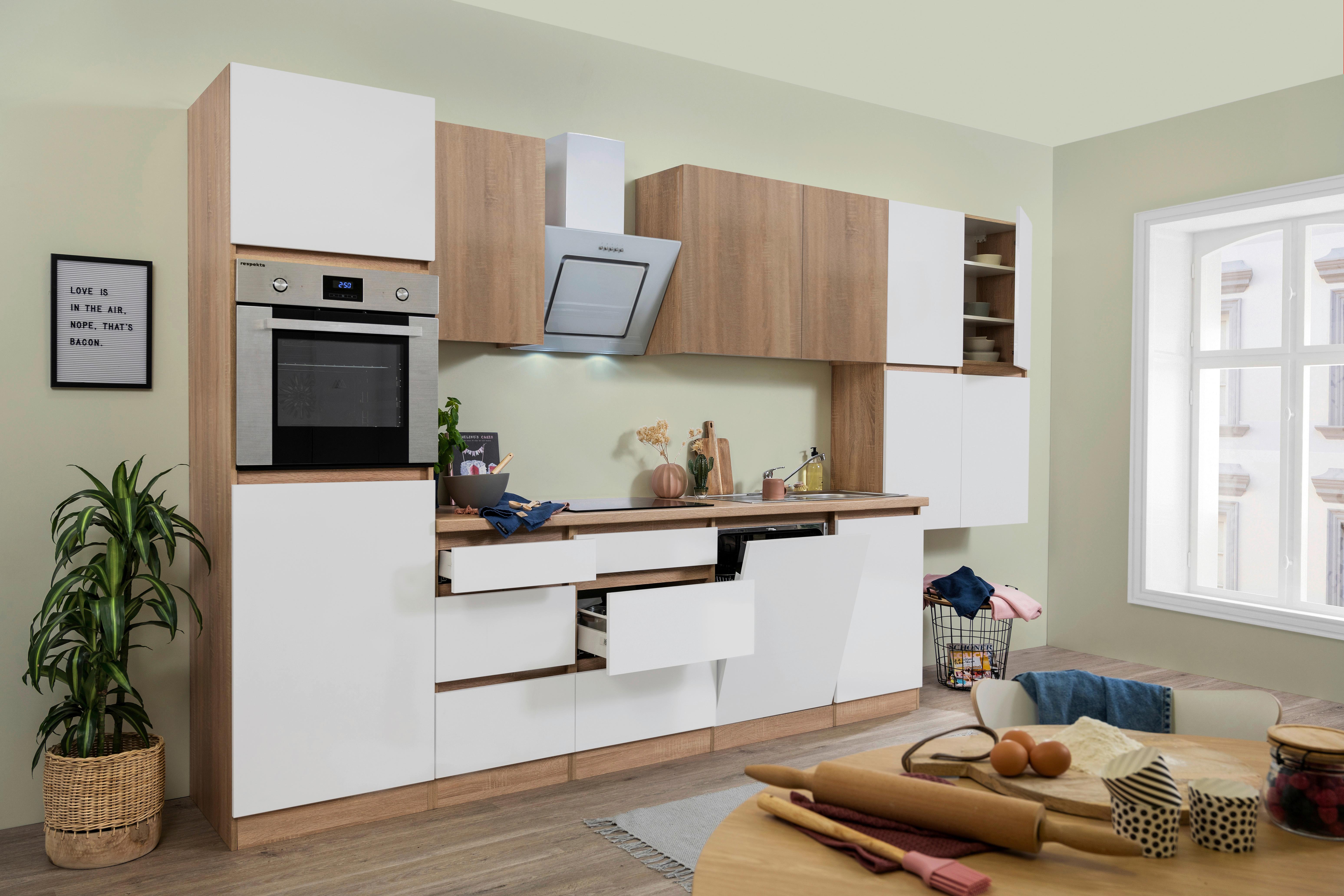 Küchenzeile Premium mit Geräten 380 cm Weiß/Eiche Dekor - Eichefarben/Weiß Hochglanz, Basics, Holzwerkstoff (380cm) - Respekta